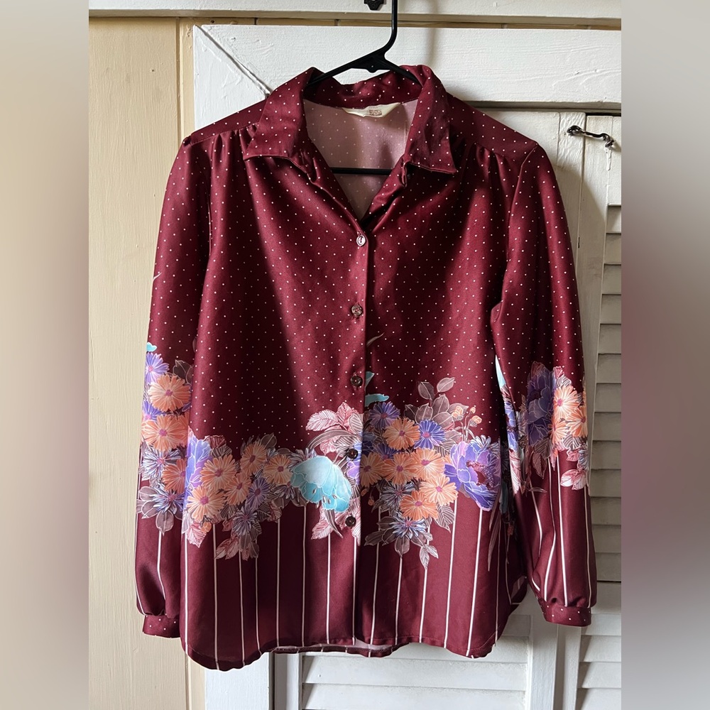 1960’s Vintage SEARS brand maroon floral button up polyester blouse women’s S/ M